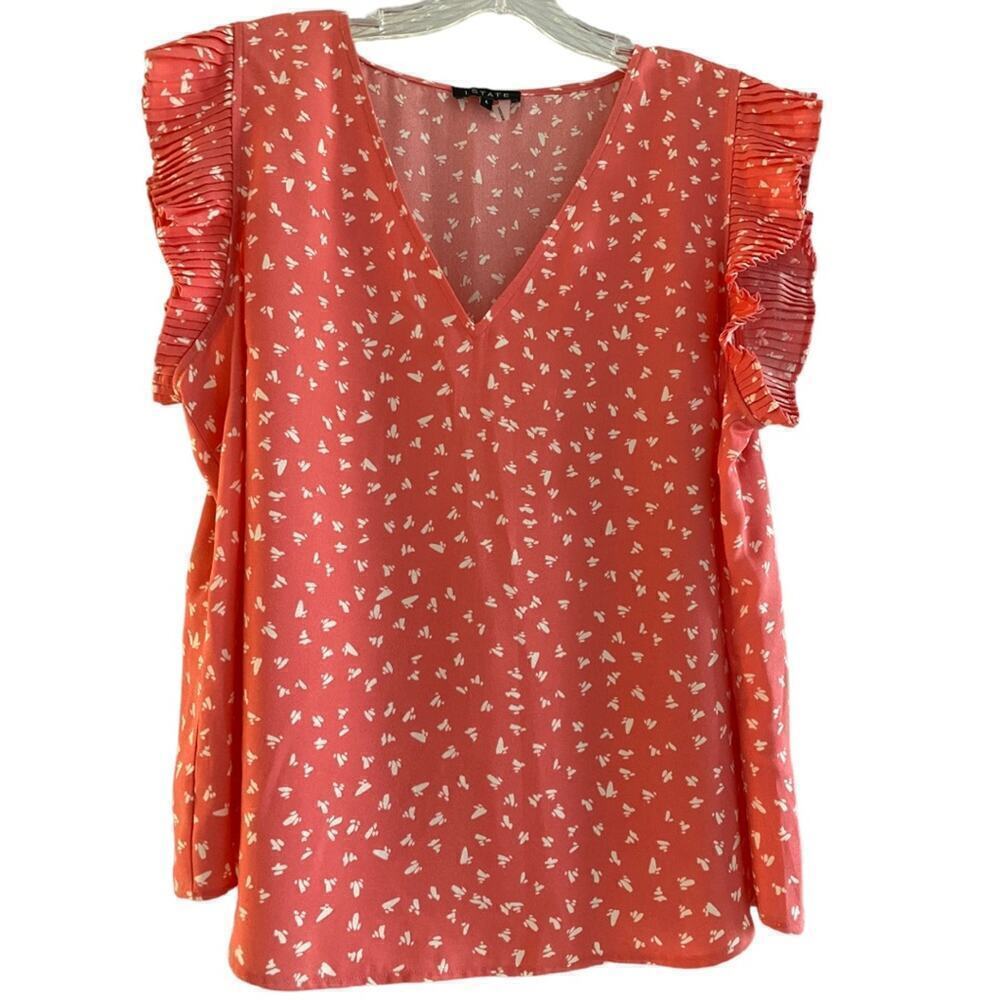 Blouse top coral contemporary print pleated cap sleeve rounded bottom V-neck L
C